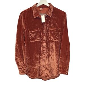 NWT Anthropologie Pilcro Relaxed Velvet Button Down Shirt Burnt Orange Sz XS